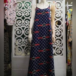 Fashion Blue and Red Patterned Maxi Dress
